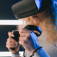 woman wearing virtual reality glasses